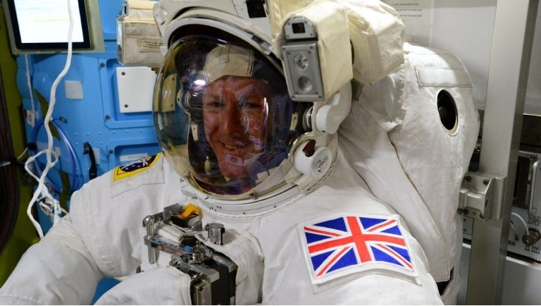 Tim Peake in a space suit onboard the International Space Station.
