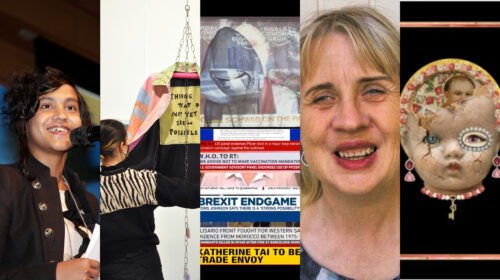 5 slices of art. a woman at a microphone, a tapestry, the spines of books, a woman smiling at the camera, and an embellished dolls head