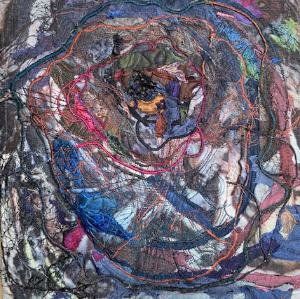 Abstract painting with lots of swirly lines in colours of reds, blues and browns.