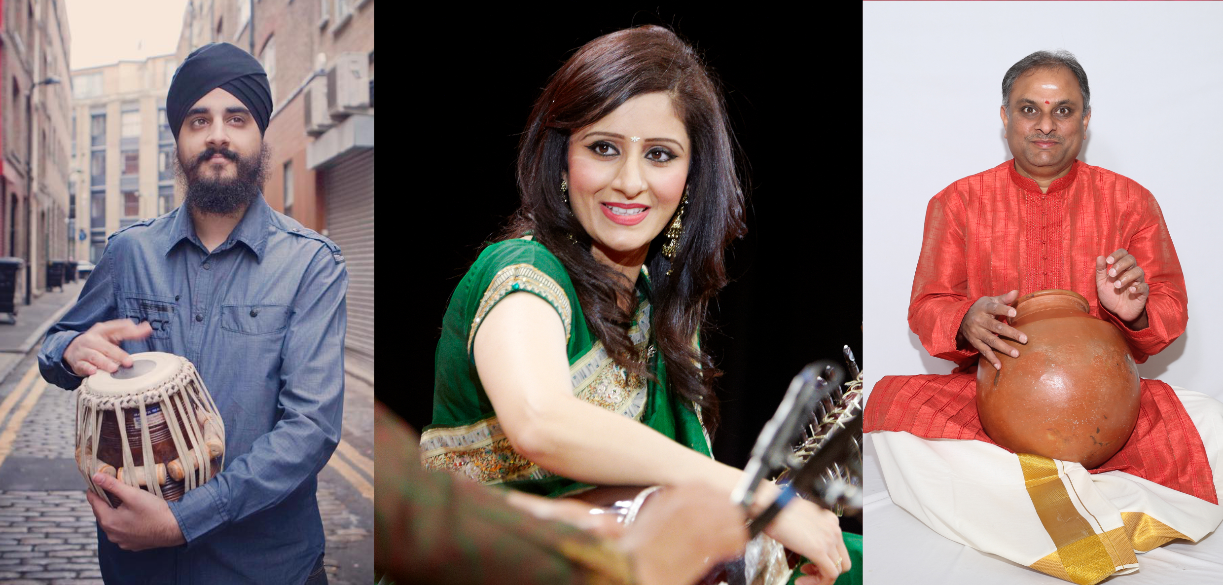 To the left is a Sikh man in a street playing a handheld drum. In the middle is a South Asian women playing an instrument out of shot. To the right is a South Asian man playing a clay drum.