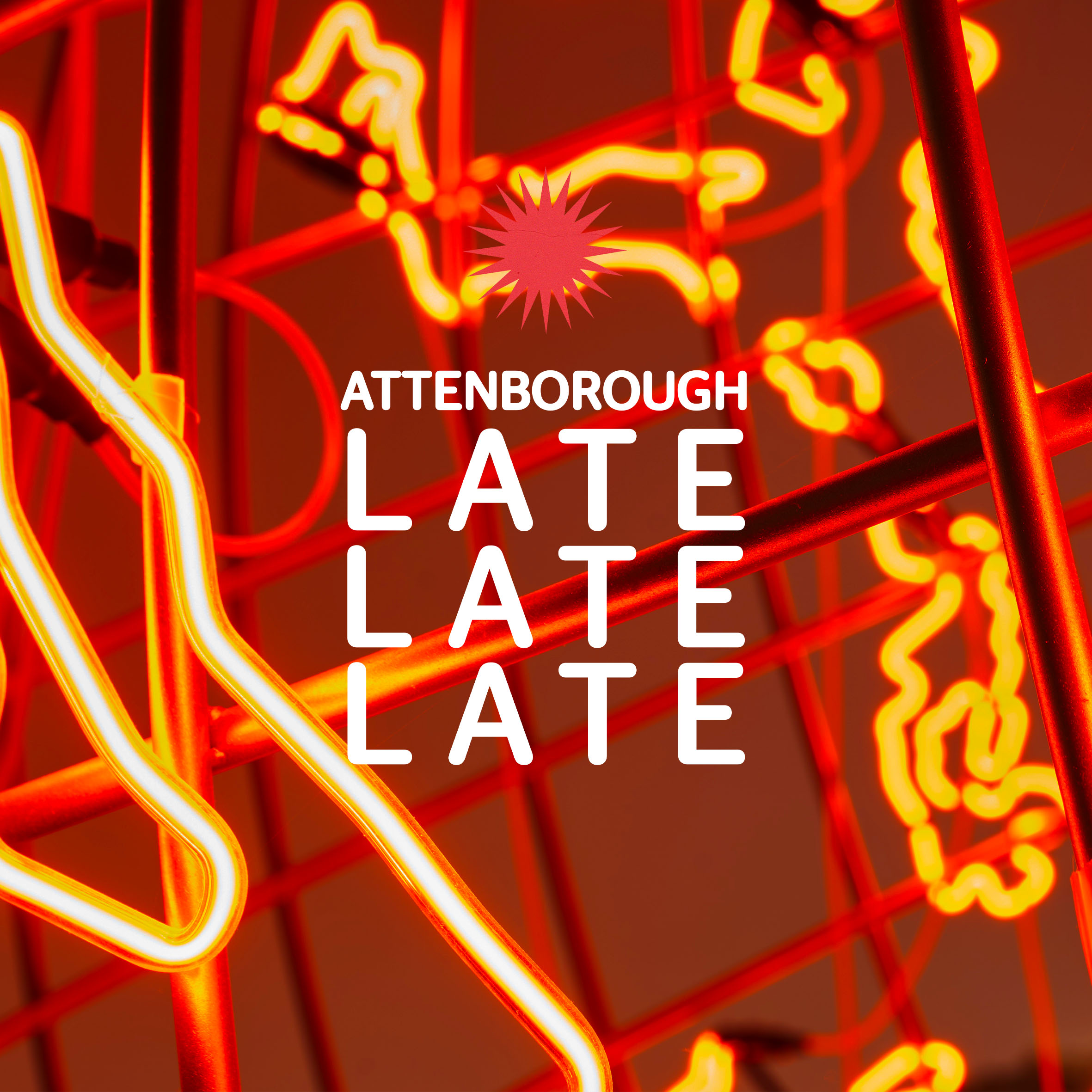 A close up of red glowing neon lights on a grid pattern. Over top it says 'Attenborough Late Late Late'.