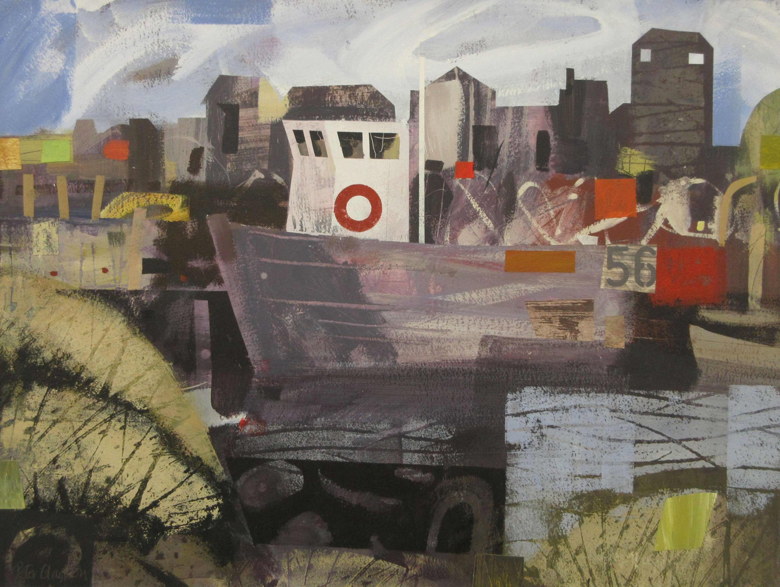 An abstract painting of a boat in a harbour.