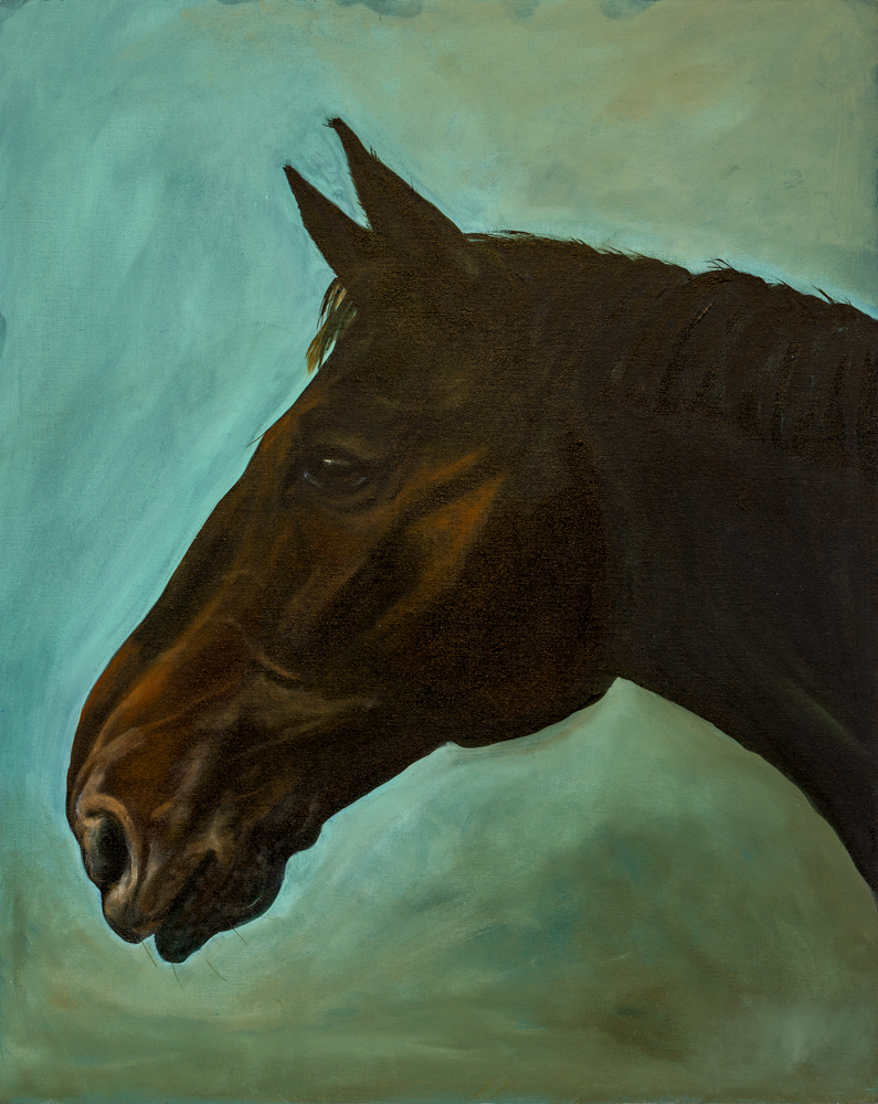 An oil painting of the side of a brown horses head.