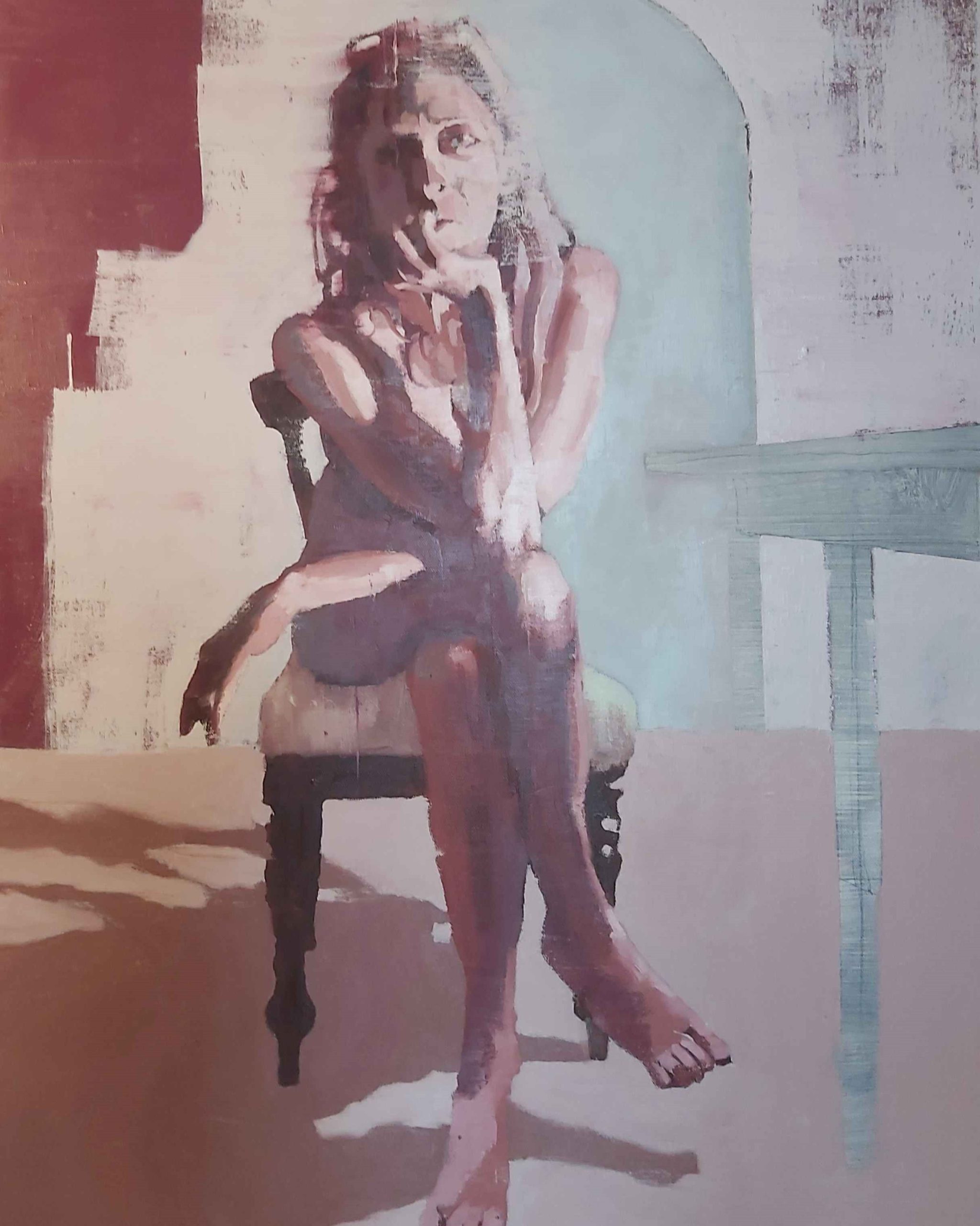 An oil painting of a naked women sat down, looking at the painter.