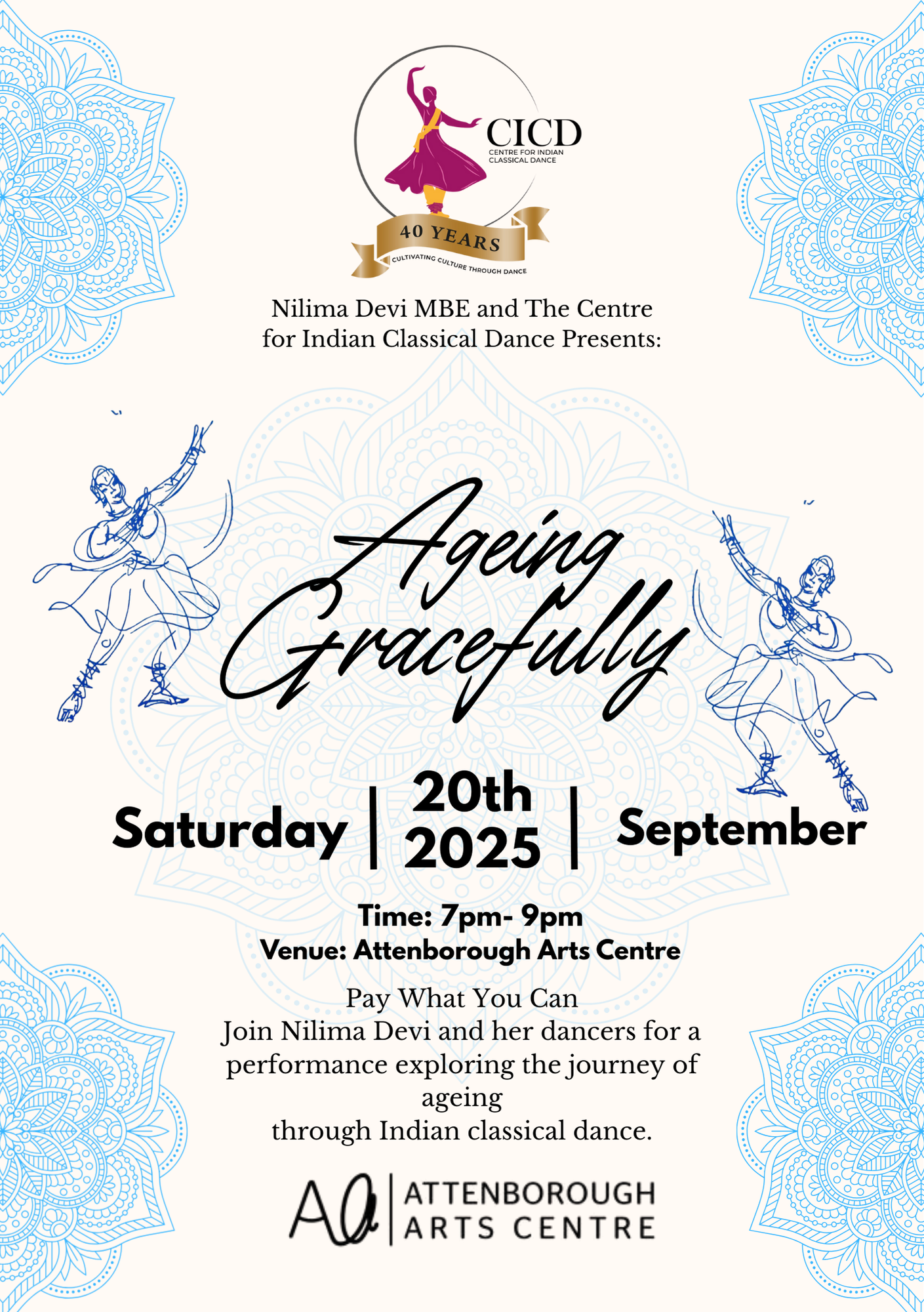 A blue and white poster for 'Ageing Gracefully'.