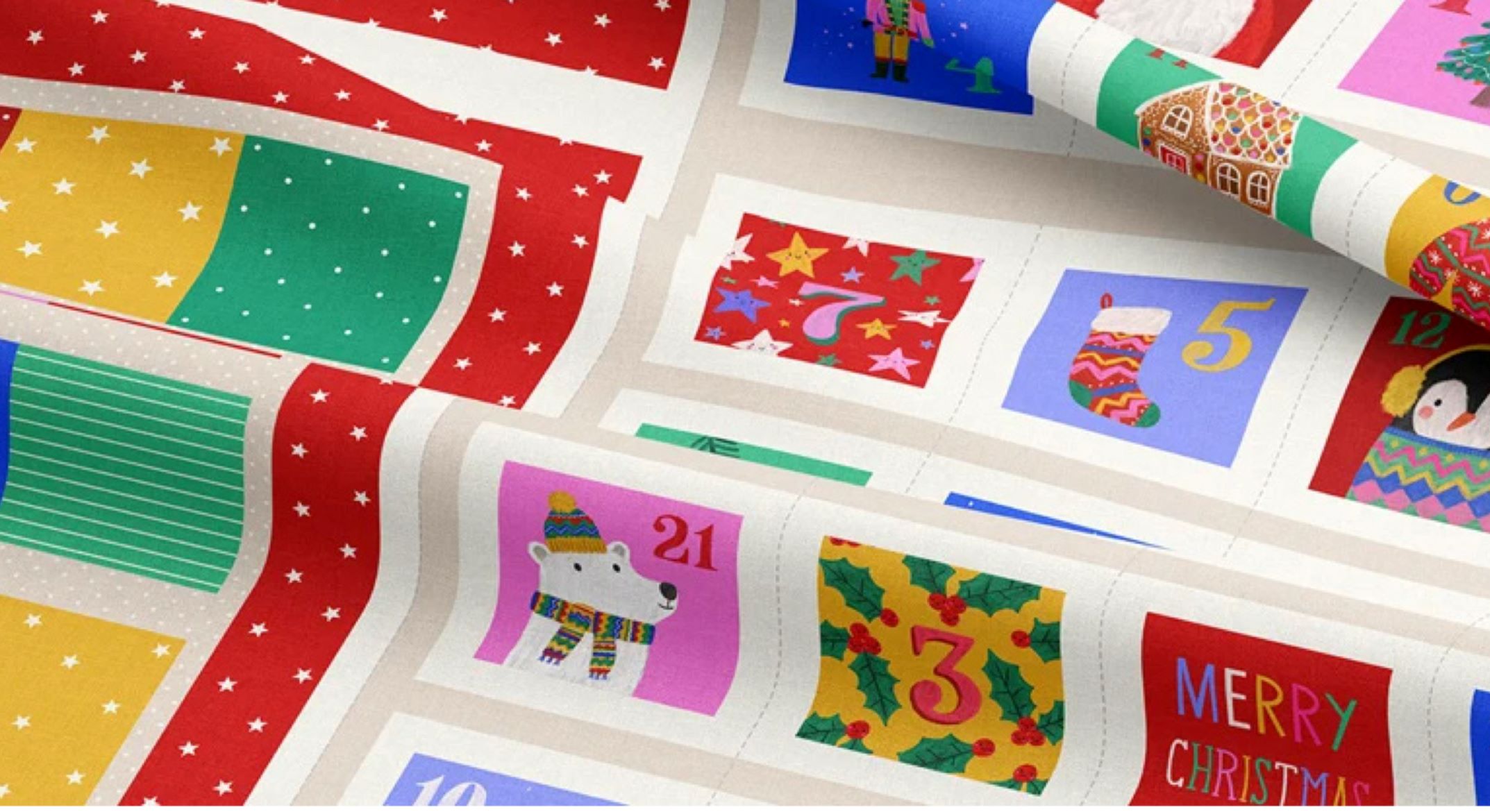 Fabric printed with colourful Christmas patterns.