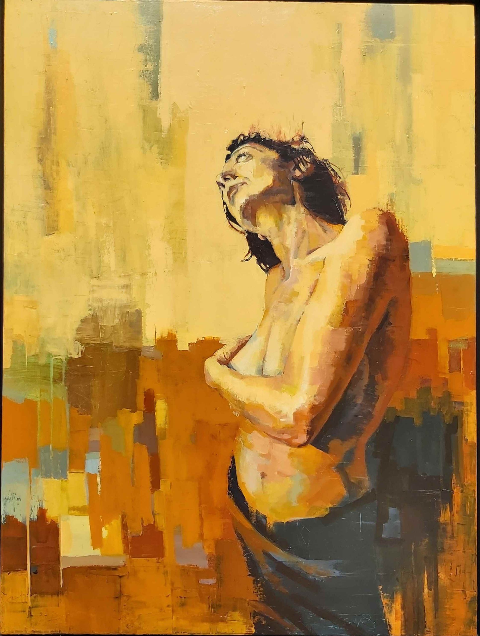 An orange and yellow painting of a women holding her chest.