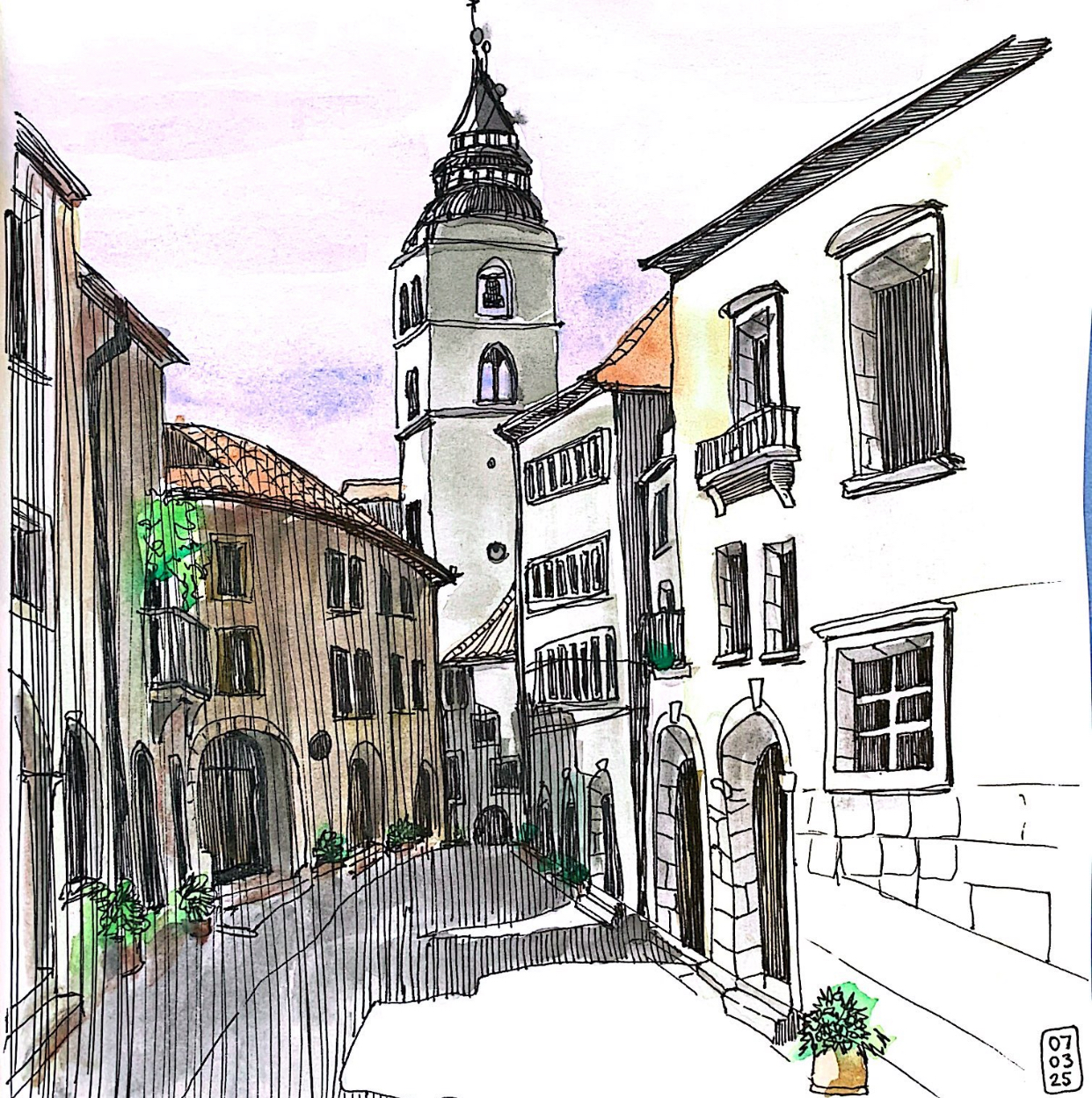 A sketchy drawing of a old-fashioned street with ink colourings.