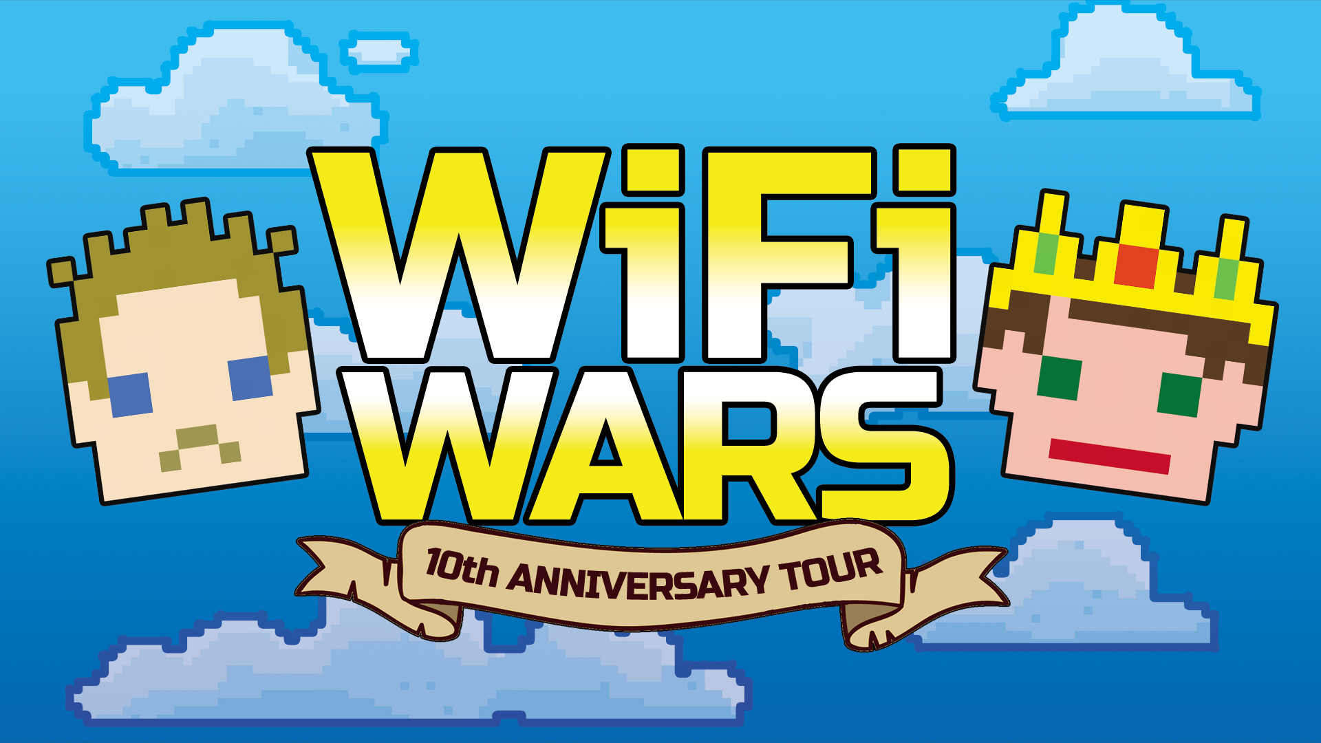 A blue sky made of pixels with two pixelated faces on either side of the image. In the middle it says 'WiFi Wars' in gold.
