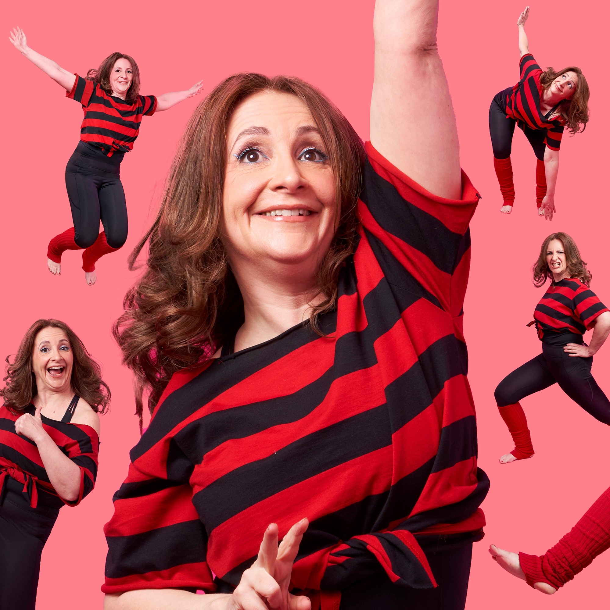 A white women with brown hair jumping up happily in a striped top, while miniature versions of herself float around her pulling poses.
